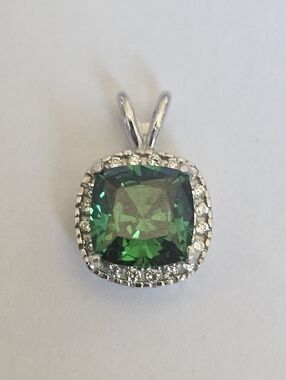 925 Sterling Silver Green Cushion Cut Halo CZ May Birthstone Pendant